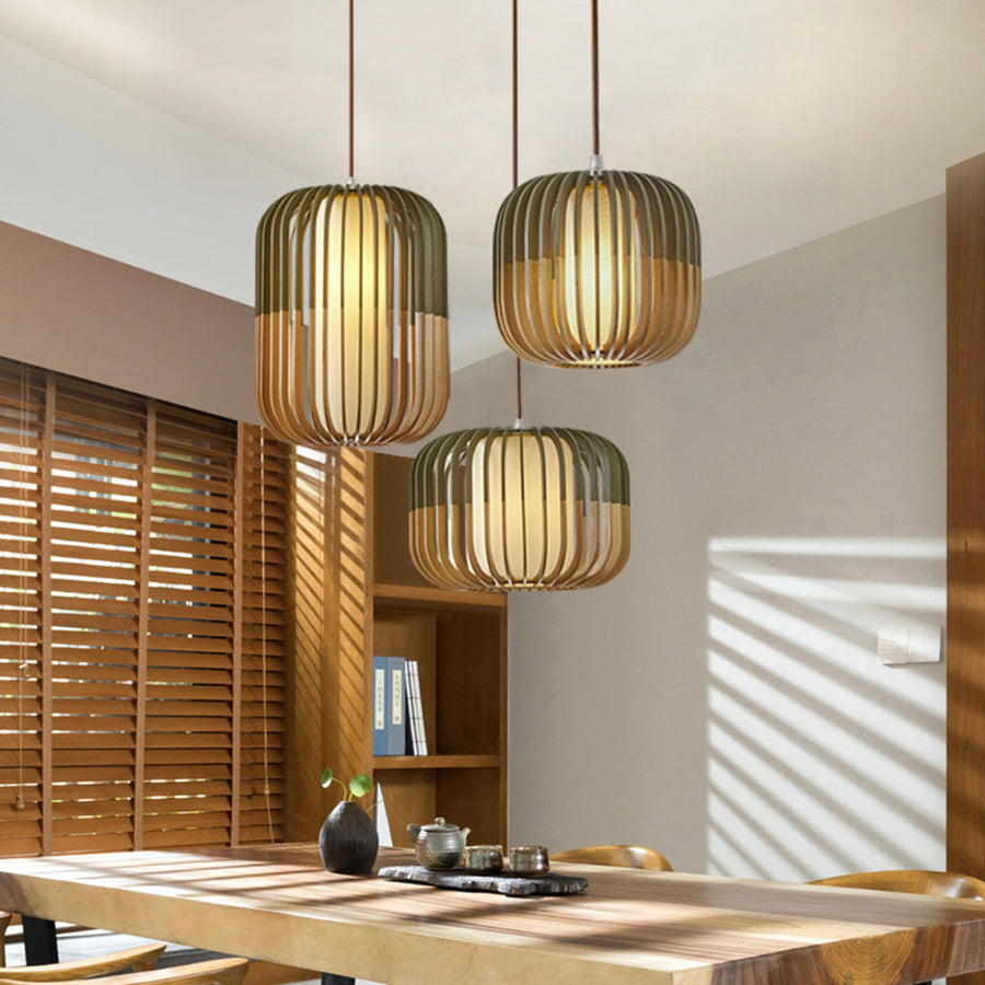 Lampa Wisząca Skandynawska z Drewnianą Klatką i Abażurem