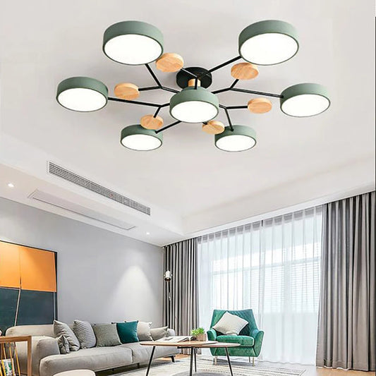 Lampa Sufitowa Skandynawska z Okrągłymi Kloszami i Drewnianymi Detalami