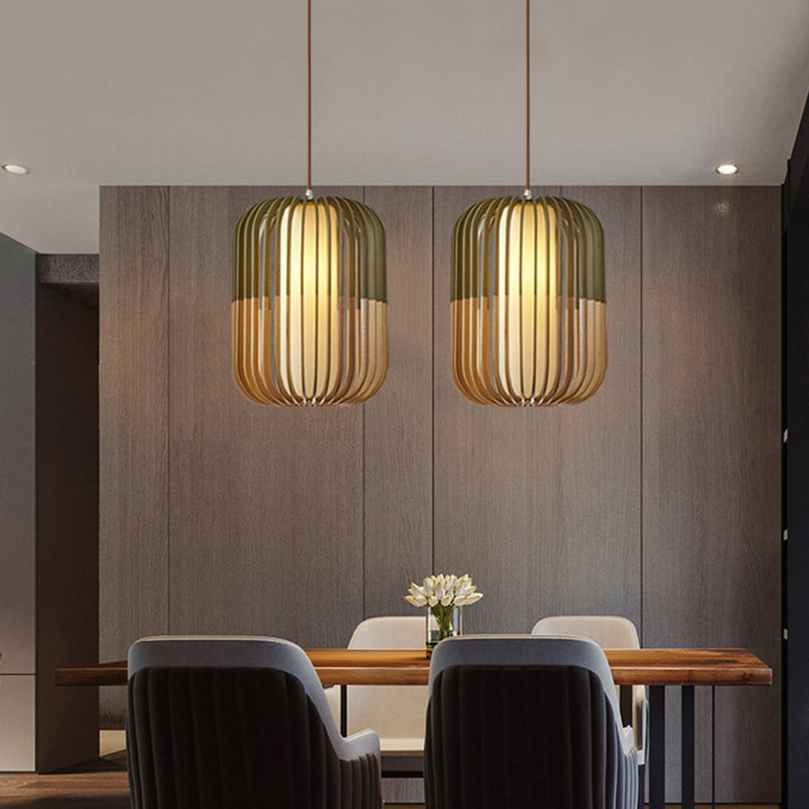 Lampa Wisząca Skandynawska z Drewnianą Klatką i Abażurem