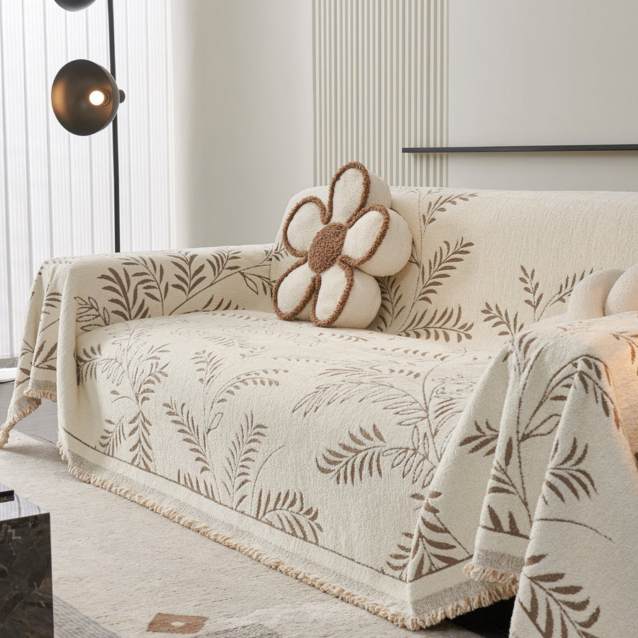 Narzuta na Sofę Koc Dekoracyjny z Botanicznym Wzorem i Frędzlami